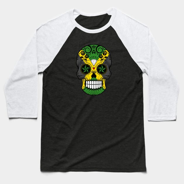 Jamaican Flag Sugar Skull with Roses Baseball T-Shirt by jeffbartels